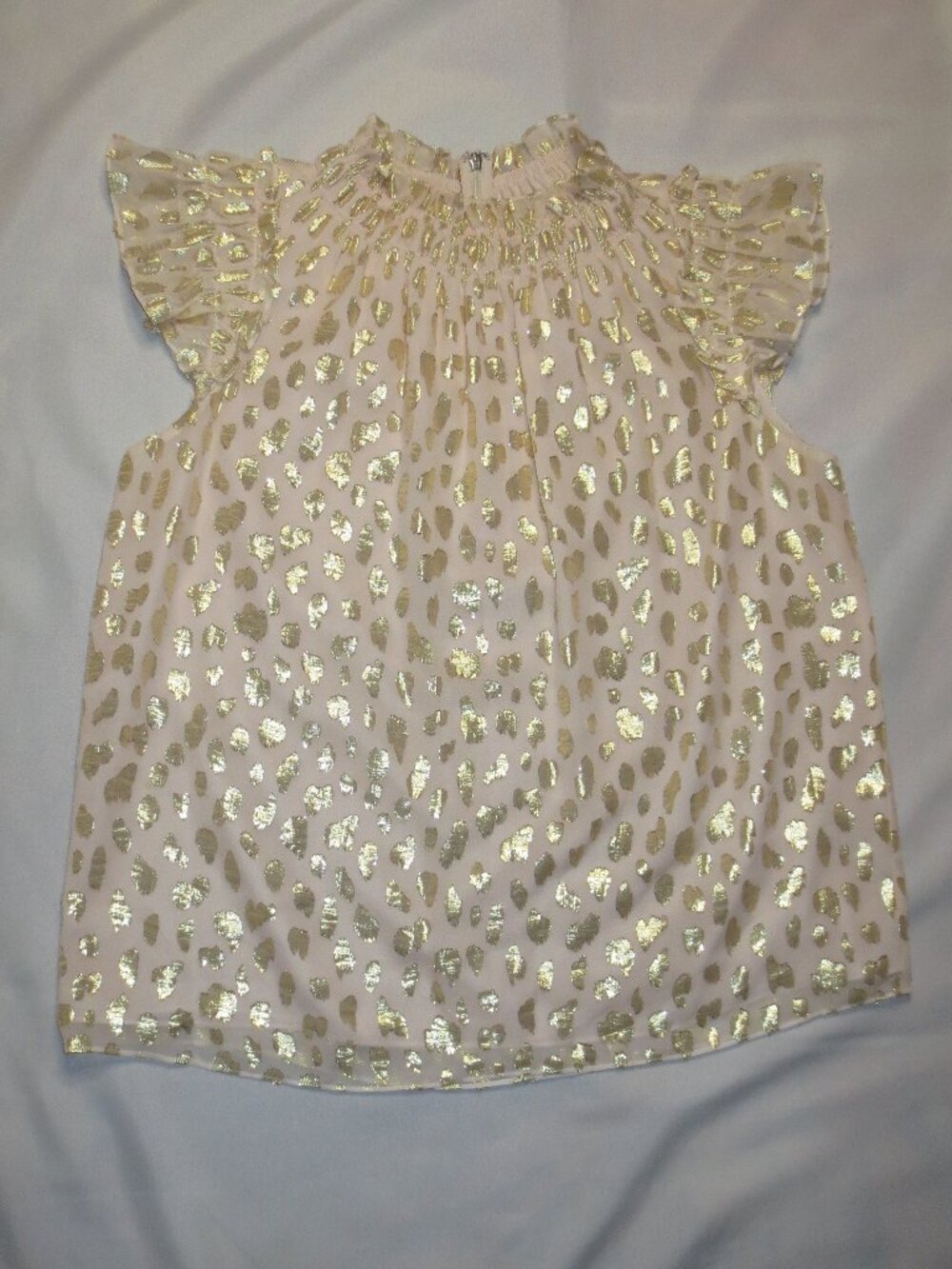REBECCA TAYLOR womens BLOUSE gold MOCK NECK ruffle ANIMAL PRINT pink SIZE L/XL